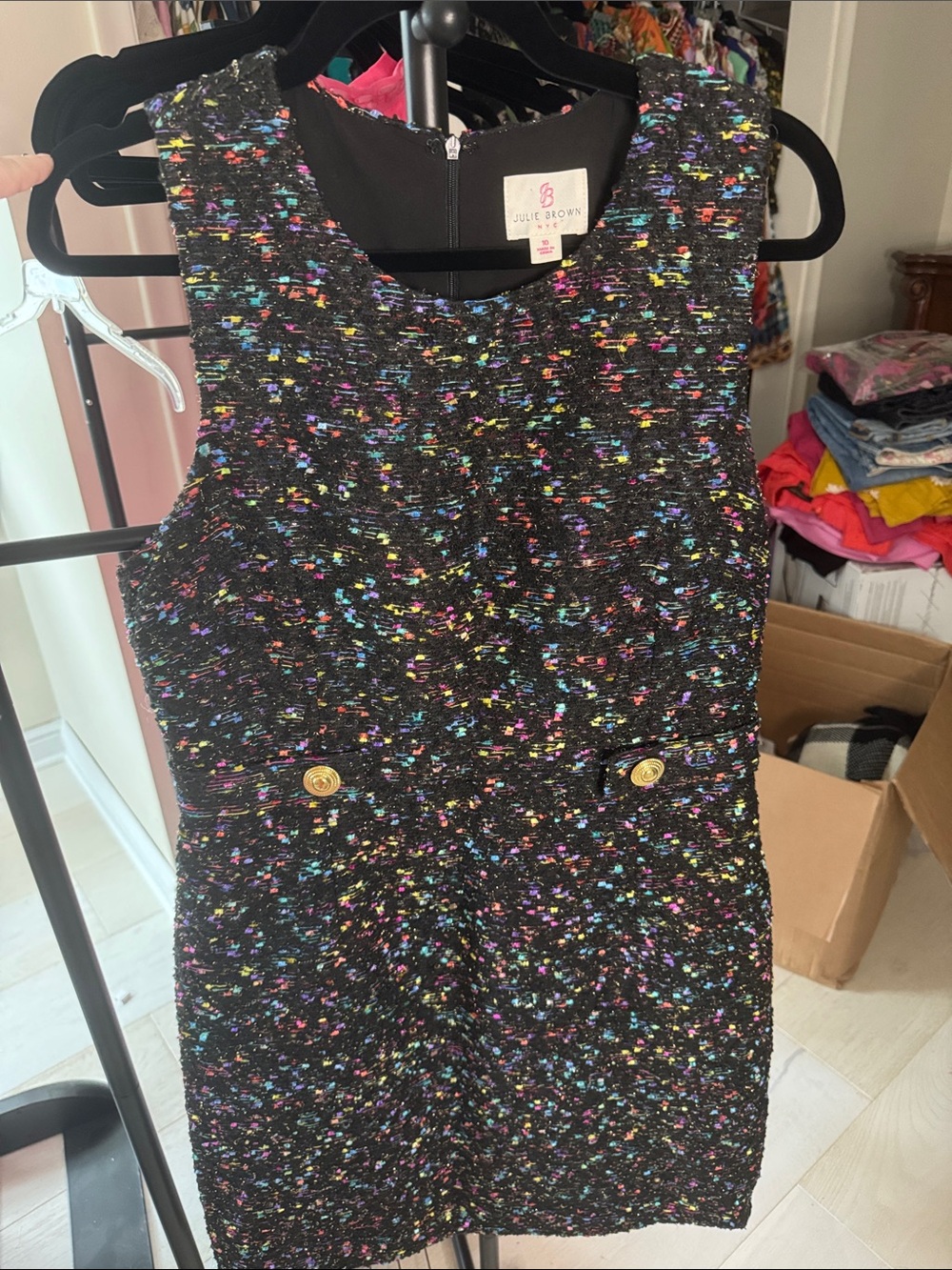 JB by Julie Brown Black Tweed Dress with Multicolor Speckle and Gold Buttons